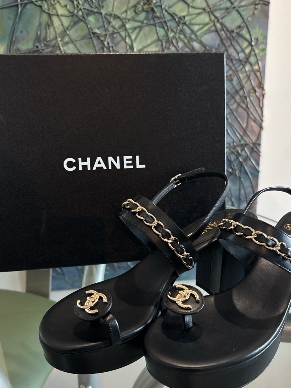 CHANEL Black Leather Platform Slingback Sandals with Gold Chain